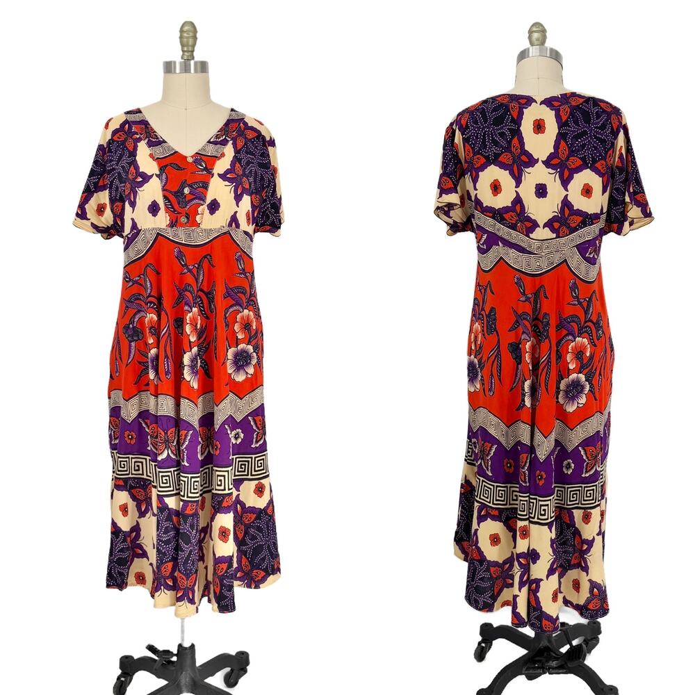 Vtg Jaya Baya Batik Floral Midi Dress size M/L Indonesia Wax Block Print - Picture 11 of 11
